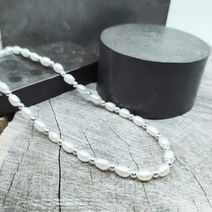 Dainty rice pearl and silver bead necklace