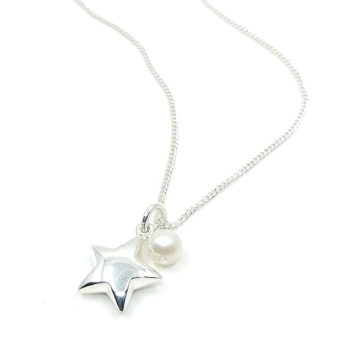 Silver puffed star and pearl pendant