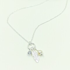 Feather pearl and cubic zirconia 3 charm necklace