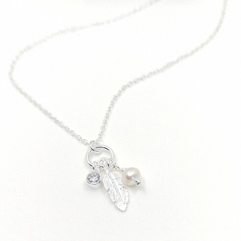 Feather pearl and cubic zirconia 3 charm necklace