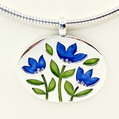 Large silver enamel pendant three flower lapis blue