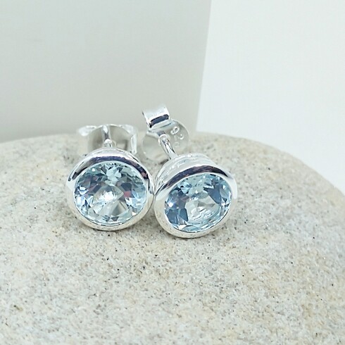 Sky blue topaz round bezel studs